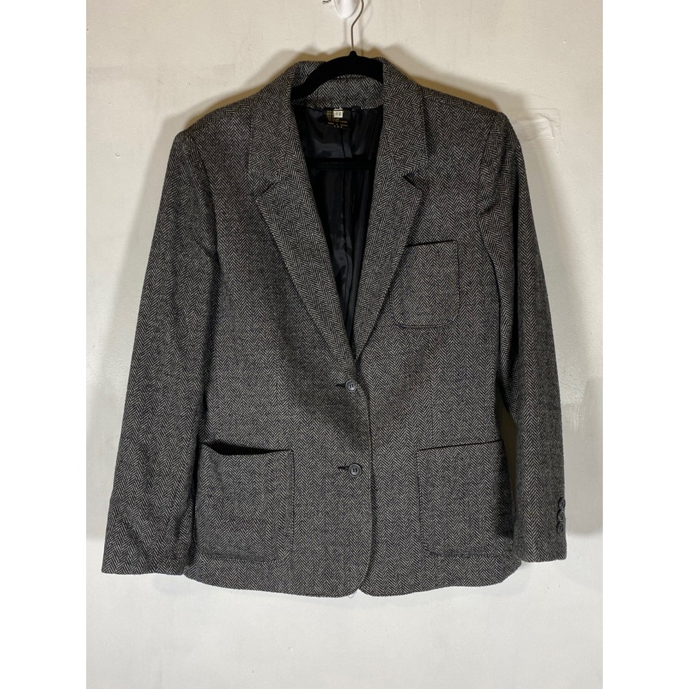 Wool Blend Herringbone‎ Blazer Size 12 Gray Black Career Academia Preppy